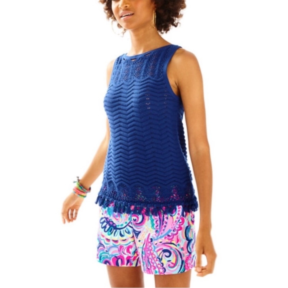 Lilly Pulitzer Brooklin Sweater in True Blue Knit Tassles Fringe Preppy Boatneck